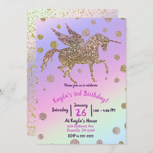 Rainbow Pastel Gold Stippen Unicorn Birthday Party Kaart (Voorkant / Achterkant)