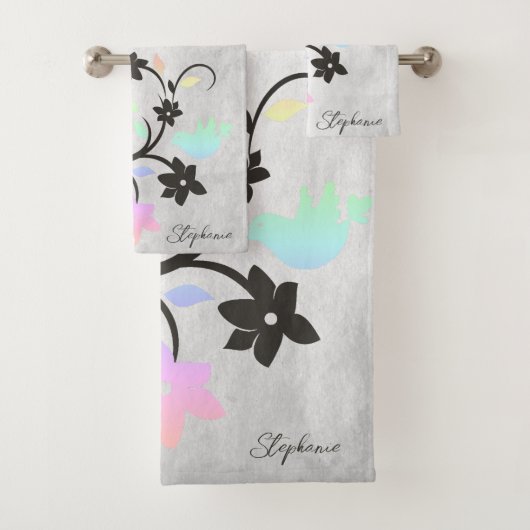 Rainbow Pastel Lovebird Bath Towel Set Bad Handdoek (Insitu)