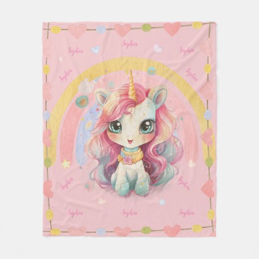 Rainbow Pastel Roos Kawaii Eenhoorn Fleece Deken (Voorkant)