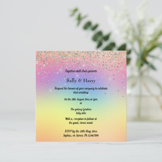 Rainbow Pastel Sparkle Diamond Weddenschap Kaart (Staand voorkant)