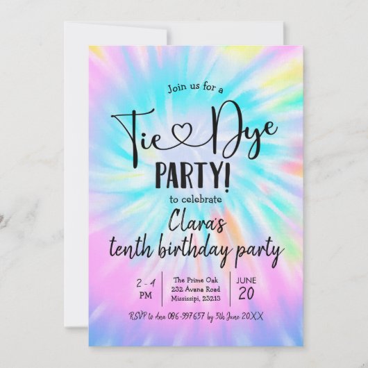 Rainbow Pastel Tie Dye Party Birthday Uitnodiging (Voorkant)