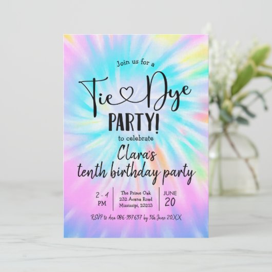 Rainbow Pastel Tie Dye Party Birthday Uitnodiging (Staand voorkant)