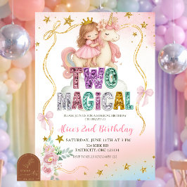 Rainbow Pastel Unicorn TWO Magical Birthday Invita Kaart