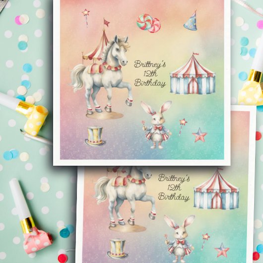 Rainbow Pastel w Animals 12th Birthday Party Servet