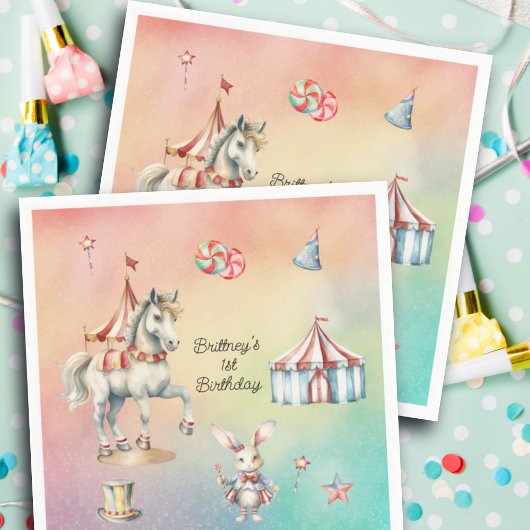 Rainbow Pastel w Animals 1st Birthday Party Servet