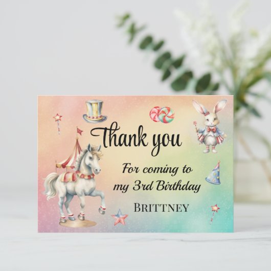 Rainbow Pastel w Animals 3rd Verjaardag Bedankkaart (Staand voorkant)