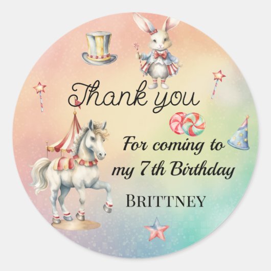 Rainbow Pastel w Animals 7th Birthday Party Ronde Sticker (Voorkant)