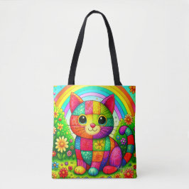 Rainbow Patchwork Cat Art Tote Bag