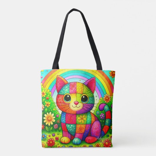 Rainbow Patchwork Cat Art Tote Bag (Achterkant)