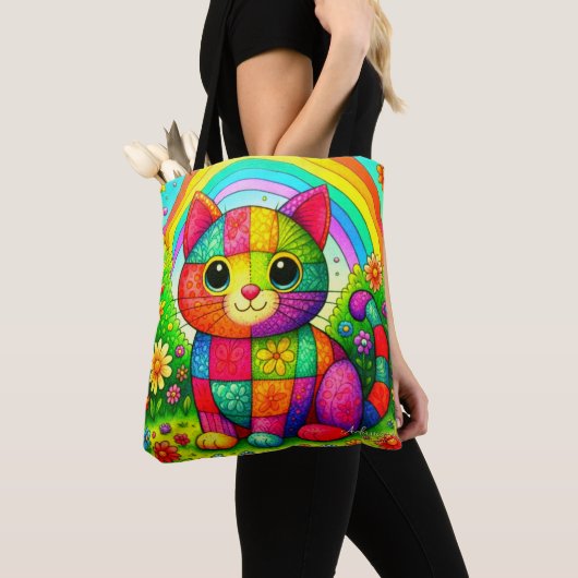 Rainbow Patchwork Cat Art Tote Bag (Dichtbij)
