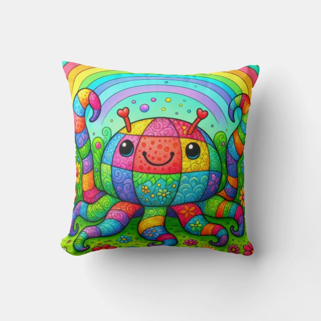 Rainbow Patchwork Whimsical Colorful Octopus Kussen (Voorkant)