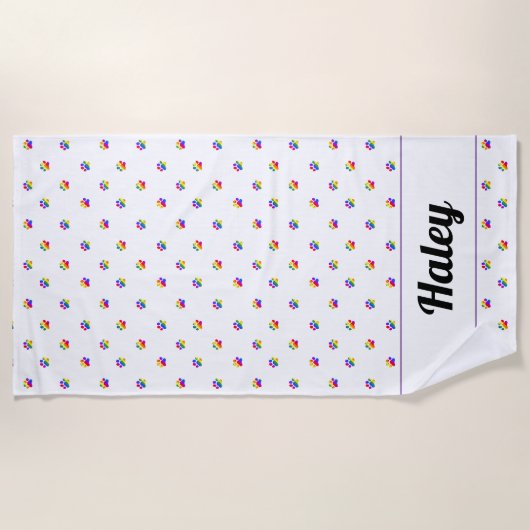 Rainbow Paw Prints Aangepaste Naam Strandlaken (Voorkant)