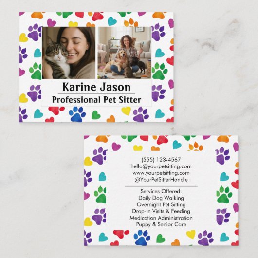 Rainbow Paw Prints  Hearts Customizable Pet Sitter Visitekaartje (Voorkant / Achterkant)