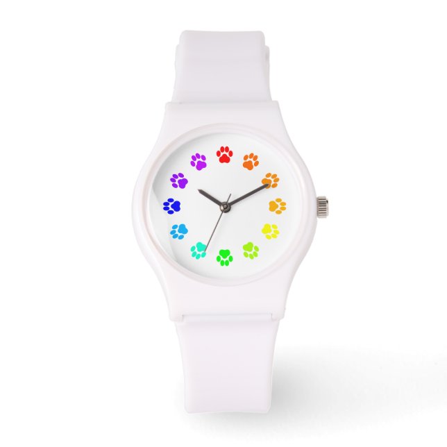 Rainbow Pawprint Wit dameshorloge Horloge (Voorkant)