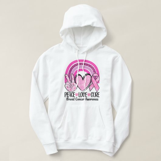 Rainbow Peace Love Cure Pink Ribbon Breast Cancer Hoodie (Design voorkant)
