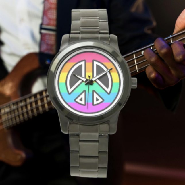 Rainbow Peace Sign Oversized zwarte armband horlog Horloge (Creator heeft geüpload)