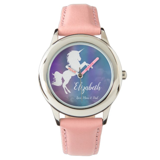 Rainbow Personalized Magical Unicorn Birthday Horloge (Voorkant)