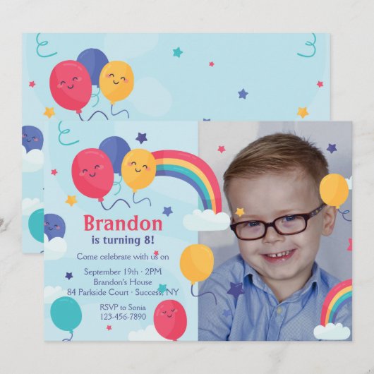 Rainbow Photo Birthday Invitation Kaart (Voorkant / Achterkant)