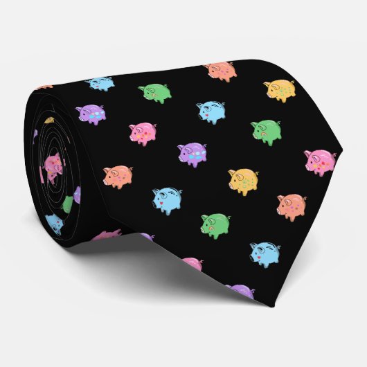 Rainbow Pig Pattern op zwart Stropdas (Opgerold)