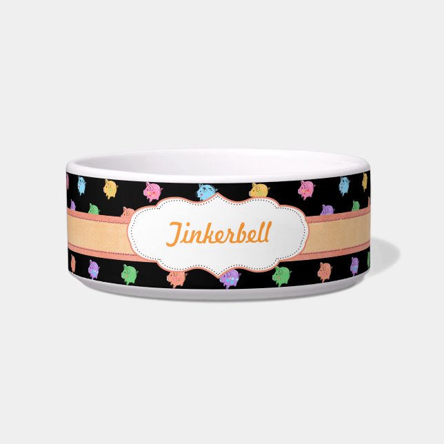 Rainbow Pig Pattern op zwart Voerbakje (Voorkant)