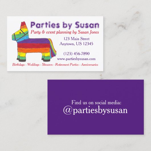 Rainbow Piñata Party Event Planner Visitekaartje (Voorkant / Achterkant)