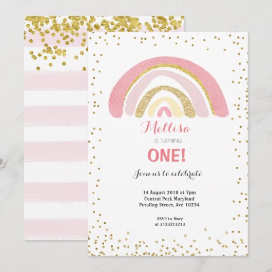 Rainbow Pink 1st Birthday Invitation Girl Kaart (Voorkant / Achterkant)