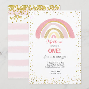 Rainbow Pink 1st Birthday Invitation Girl Kaart