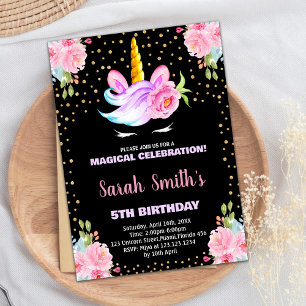 Rainbow Pink Black Eenhoorn Verjaardag Uitnodiging