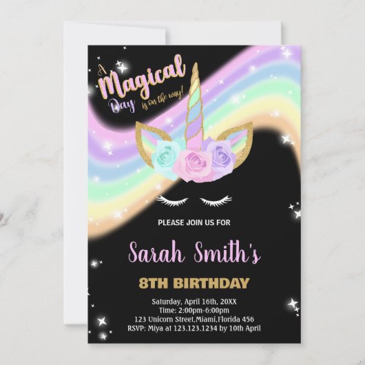 Rainbow Pink Eenhoorn Verjaardag Uitnodigingen (Voorkant)