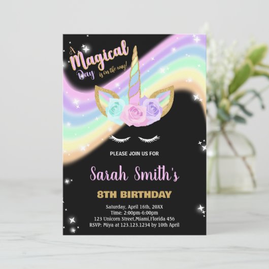 Rainbow Pink Eenhoorn Verjaardag Uitnodigingen (Staand voorkant)