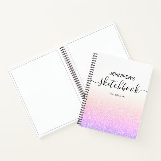 Rainbow Pink Glitter Girly Ombre Sketchbook Name Notitieboek (Binnen)