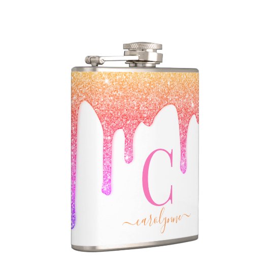 Rainbow Pink Peach Sparkle Glitter Drift Monogram Heupfles (Rechts)