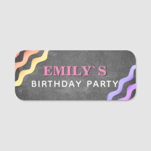 Rainbow Pink Waves Chalkboard Kind Birthday Party Naamplaatje