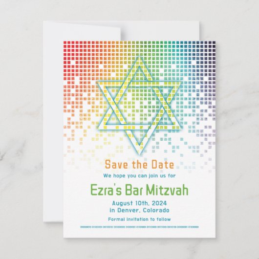 Rainbow Pixels Videogame Gamer Bar Mitzvah Save The Date (Voorkant)