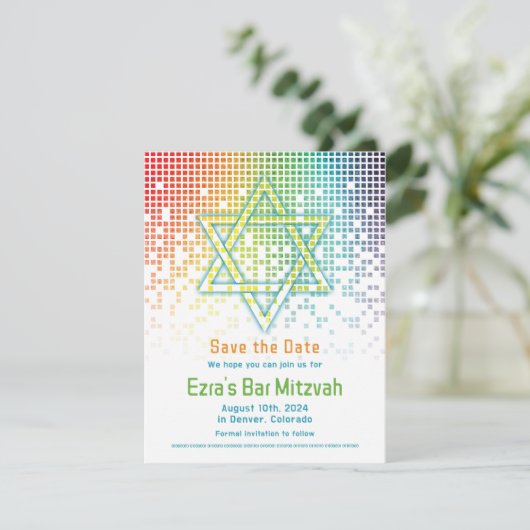 Rainbow Pixels Videogame Gamer Bar Mitzvah Save The Date (Staand voorkant)