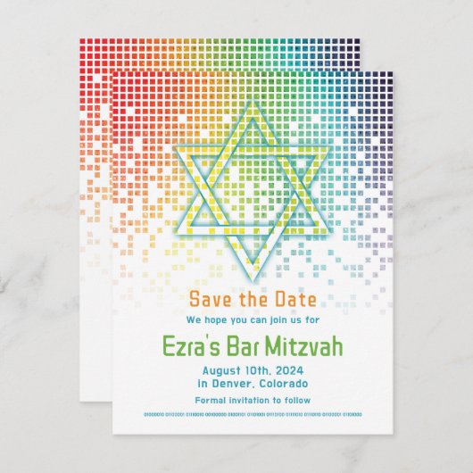 Rainbow Pixels Videogame Gamer Bar Mitzvah Save The Date (Voorkant / Achterkant)