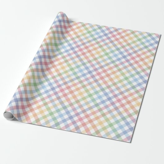 Rainbow plaid gingham schattig kleurrijk pastel cadeaupapier (Uitgerold)