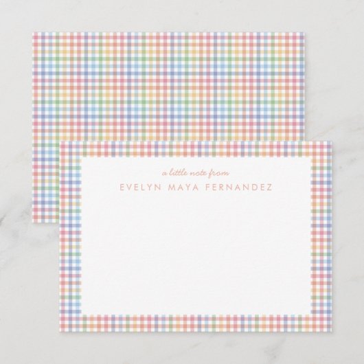Rainbow plaid pastel gingham gepersonaliseerd kind notitiekaartje (Voorkant / Achterkant)