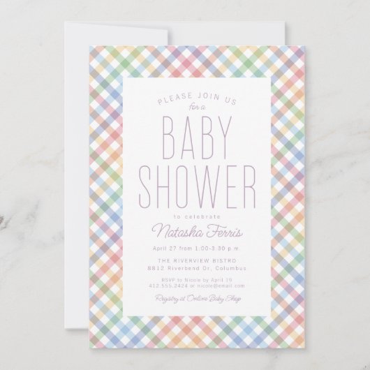 Rainbow plaid schattig pastel gingham baby shower kaart (Voorkant)