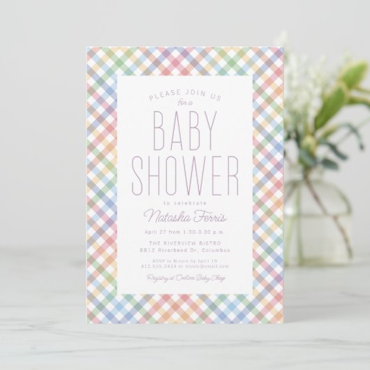 Rainbow plaid schattig pastel gingham baby shower kaart (Staand voorkant)