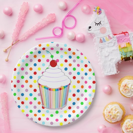 Rainbow Polka Dot Cupcake Papieren Bordje (Feest)