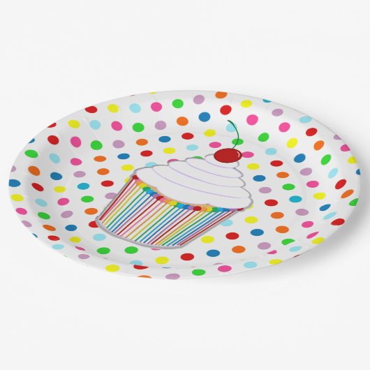Rainbow Polka Dot Cupcake Papieren Bordje (Gekanteld)