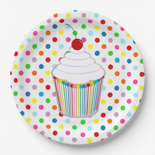 Rainbow Polka Dot Cupcake Papieren Bordje (Voorkant)