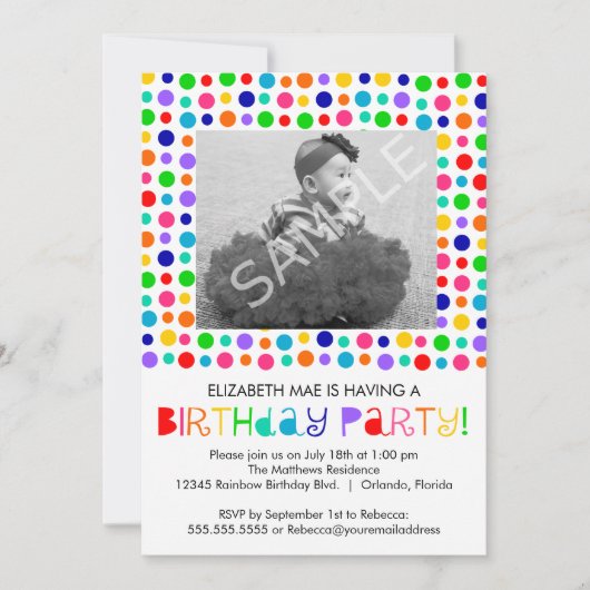 Rainbow Polka Dots Birthday Party Invitation Kaart (Voorkant)
