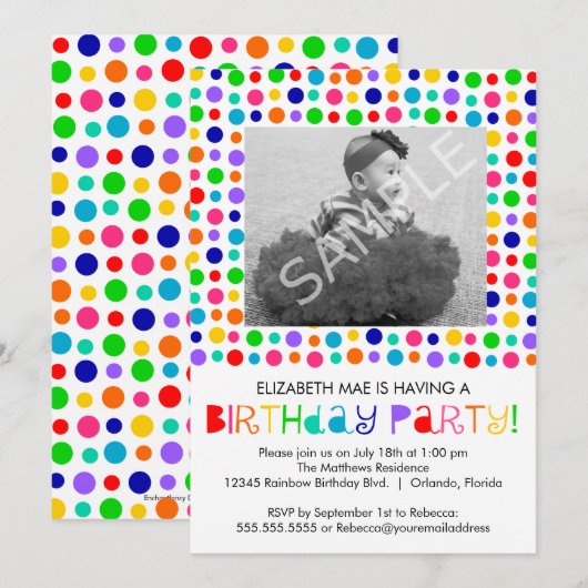 Rainbow Polka Dots Birthday Party Invitation Kaart (Voorkant / Achterkant)