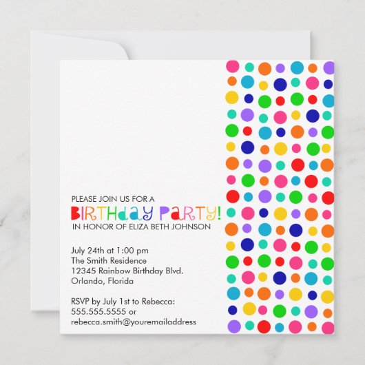 Rainbow Polka Dots Birthday Party Invitation Kaart (Voorkant)