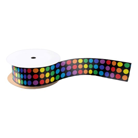 Rainbow Polka Dots Black Ribbon Satijnen Lint (Spoel)
