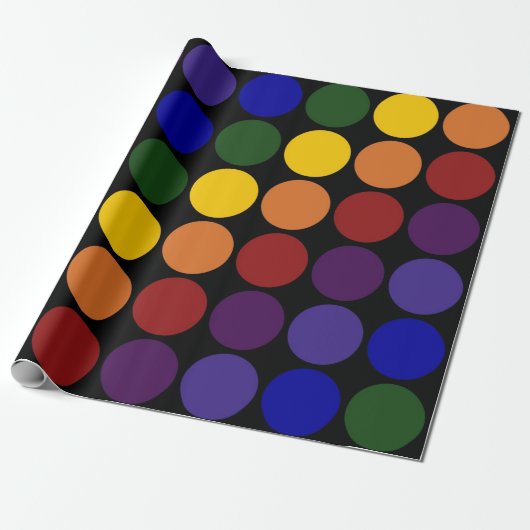 Rainbow Polka Dots on Black Cadeaupapier (Uitgerold)