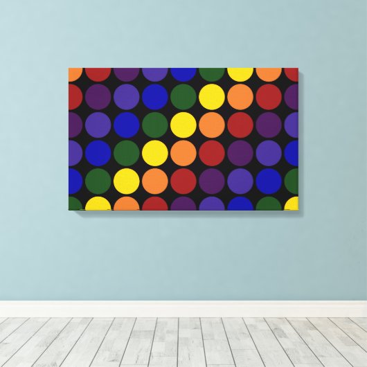 Rainbow Polka Dots on Black Canvas Afdruk (Insitu (Houten vloer))