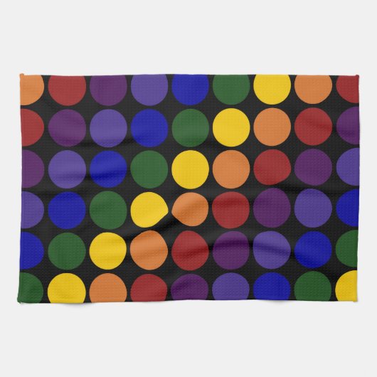 Rainbow Polka Dots on Black Theedoek (Horizontaal)